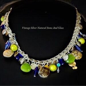 Vintage Silver Necklace~Handpicked Stones & Hand~blown glass charms.